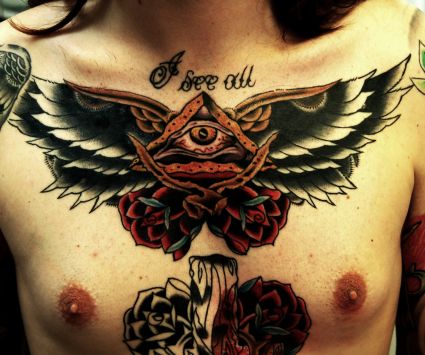 Rose And Wings Tats On Chest